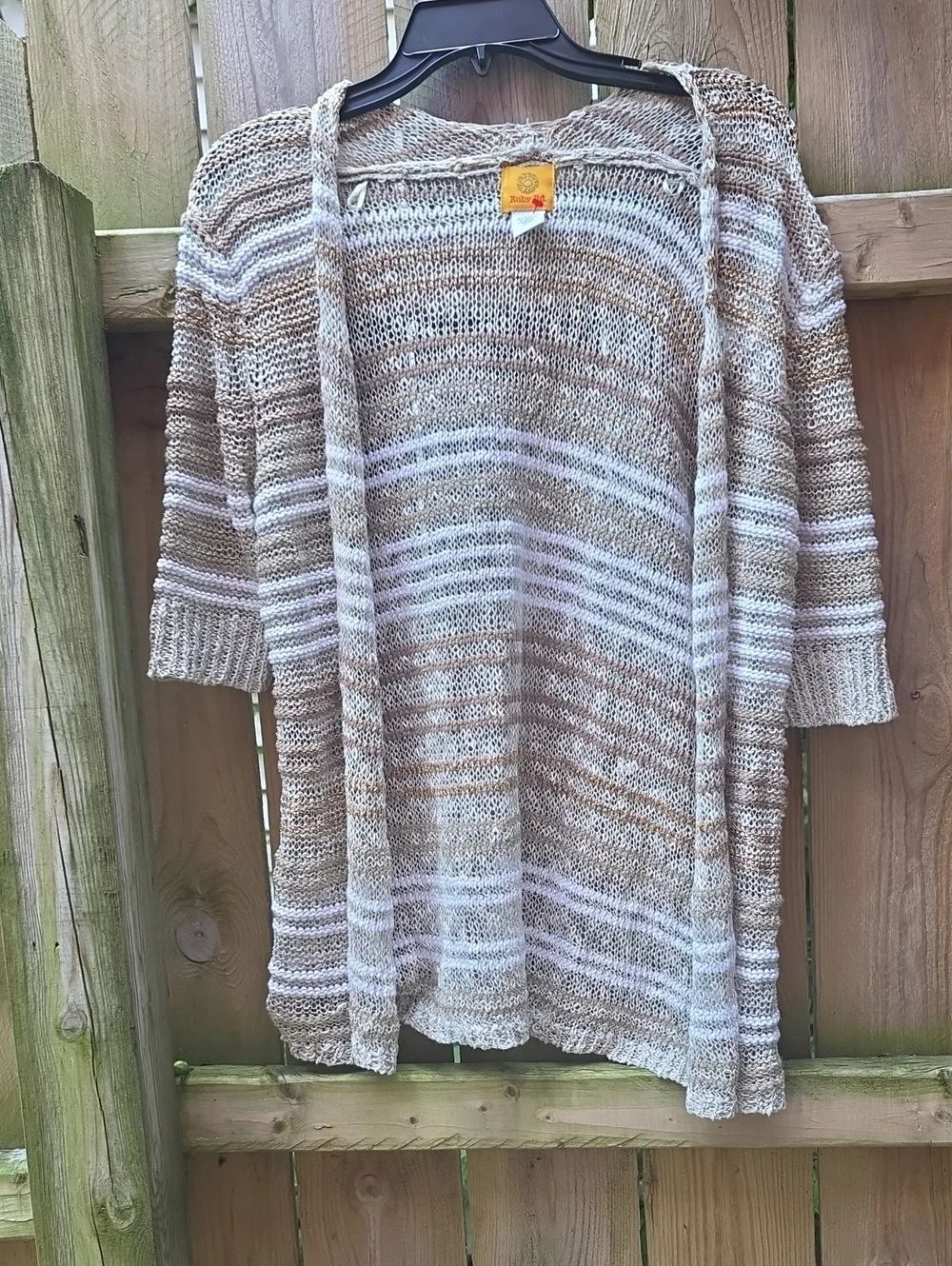 Ruby Rd. Striped Open-Front Cardigan in Brown and Cream